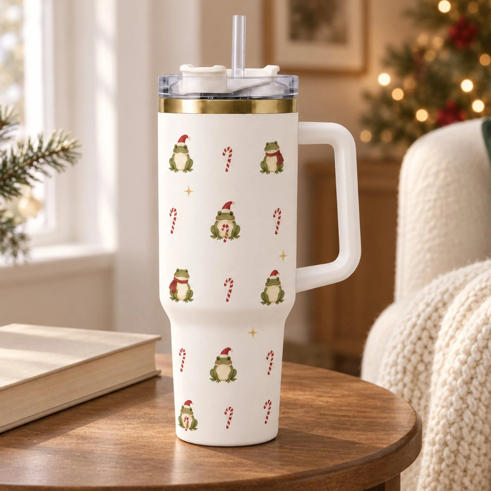 Christmas Frog 40 oz Tumbler with Handle & Straw — Santa Hat Frogs, Candy Canes, White or Light Pink