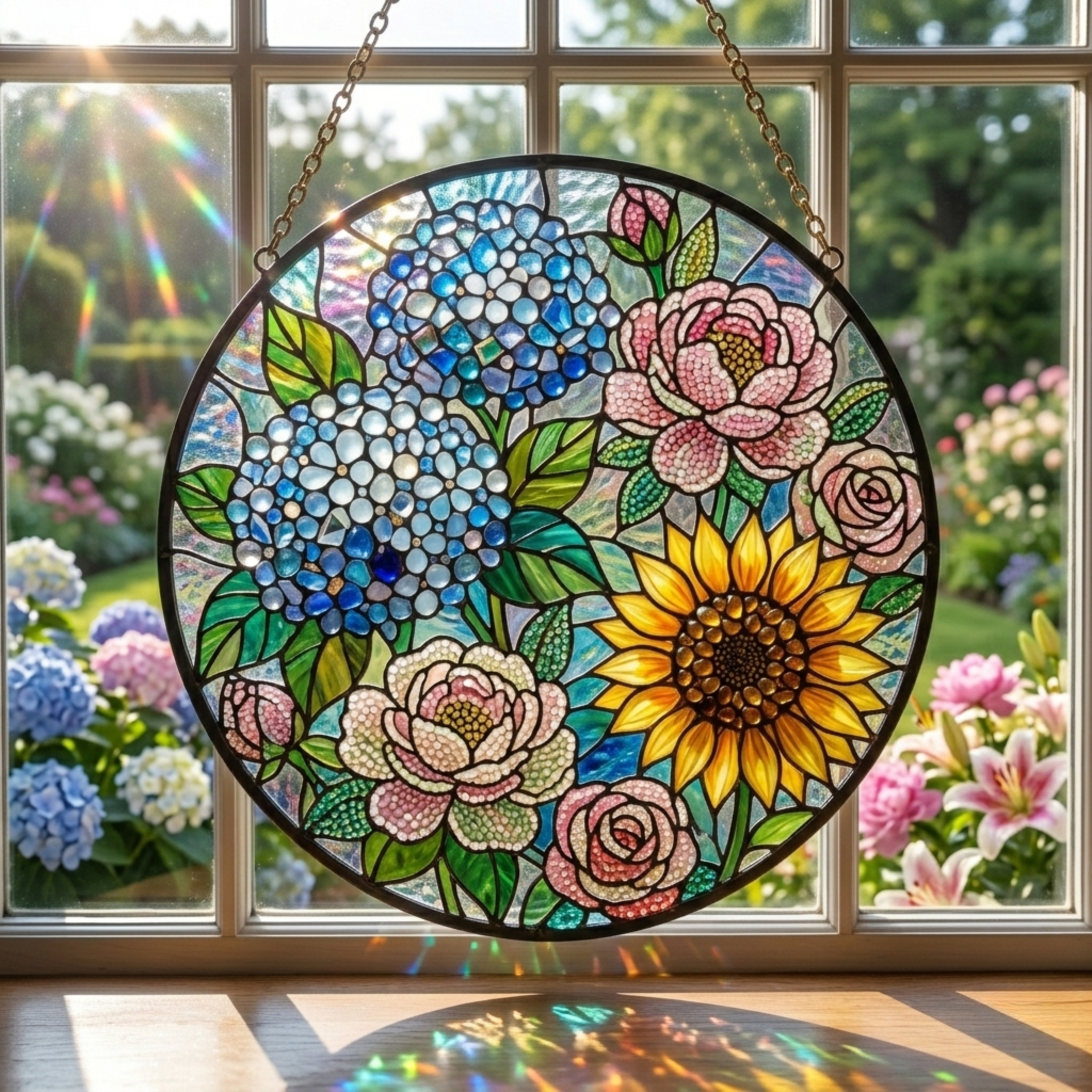 Stained Glass Floral Suncatcher with Hydrangea Sunflower and Rose