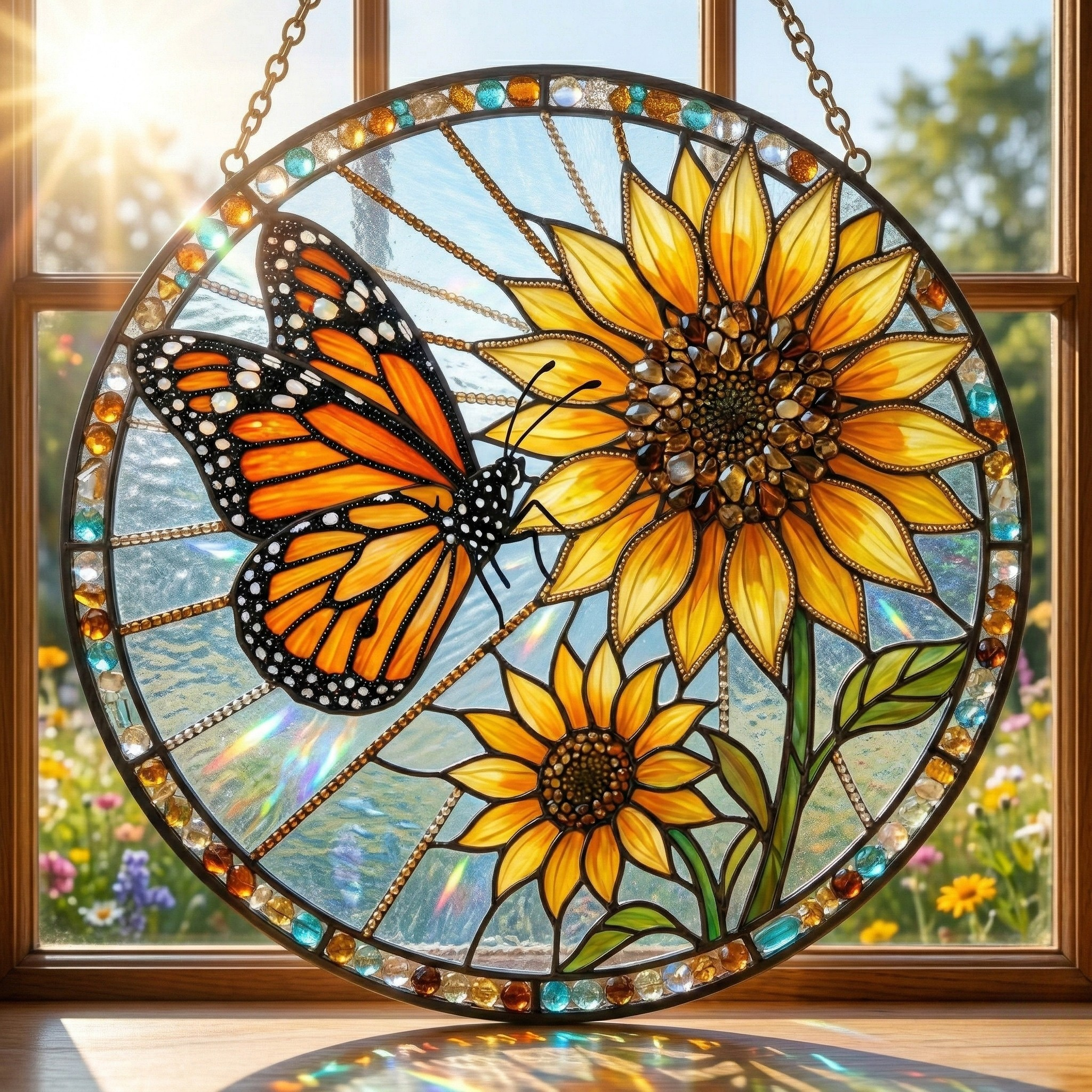 Sunflower Butterfly Stained Glass Suncatcher with Monarch
