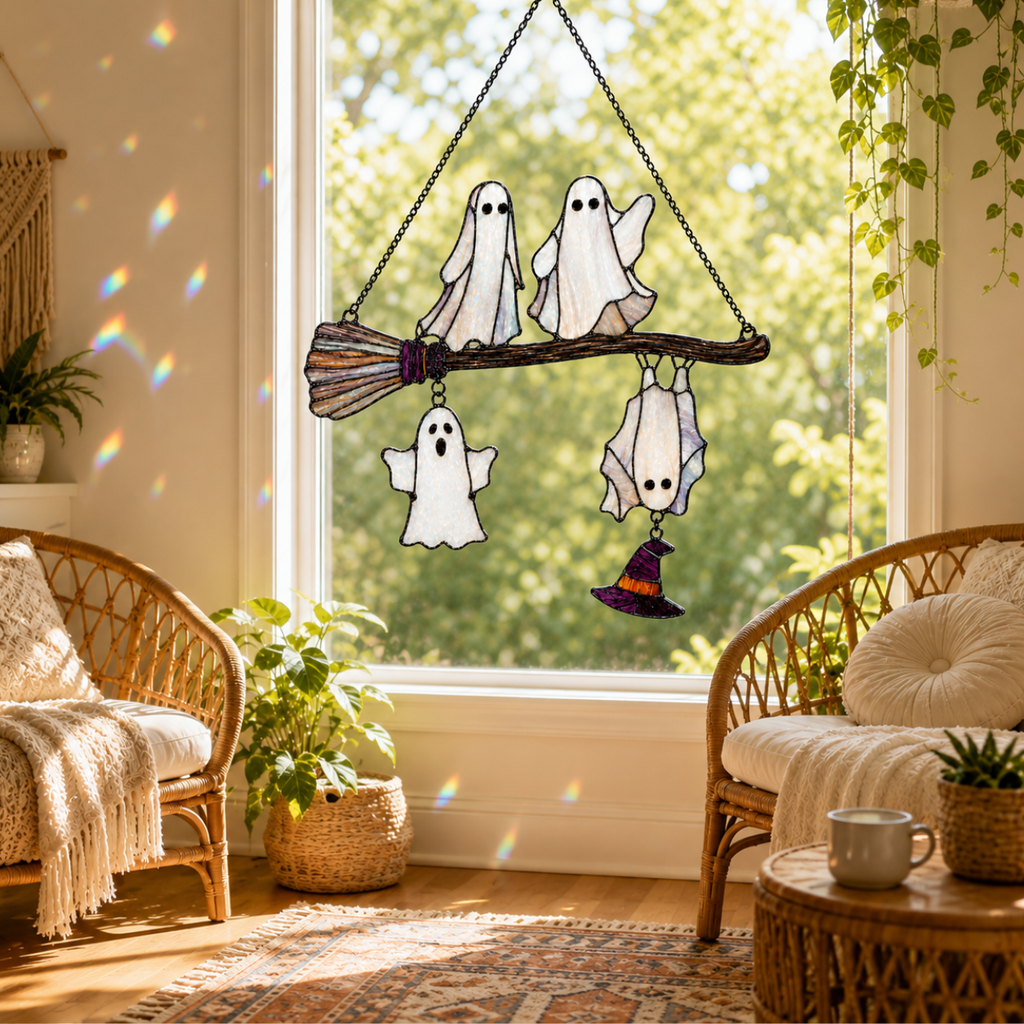 Four Ghosts on a Broomstick Holographic Acrylic Suncatcher