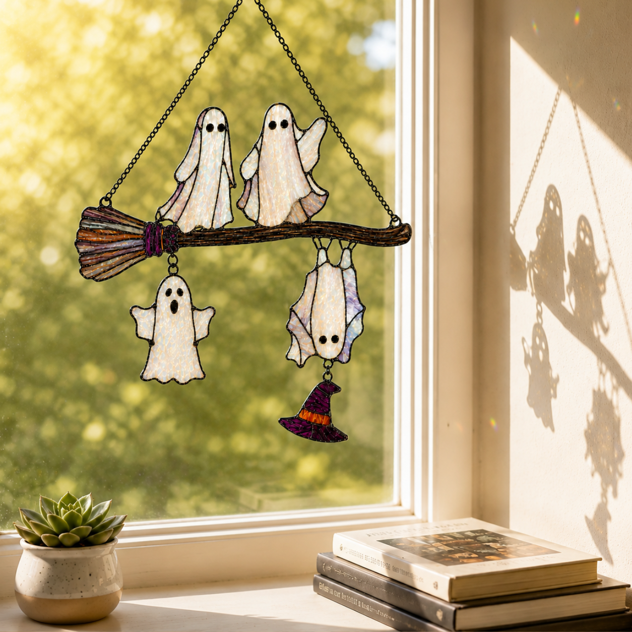 Four Ghosts on a Broomstick Holographic Acrylic Suncatcher