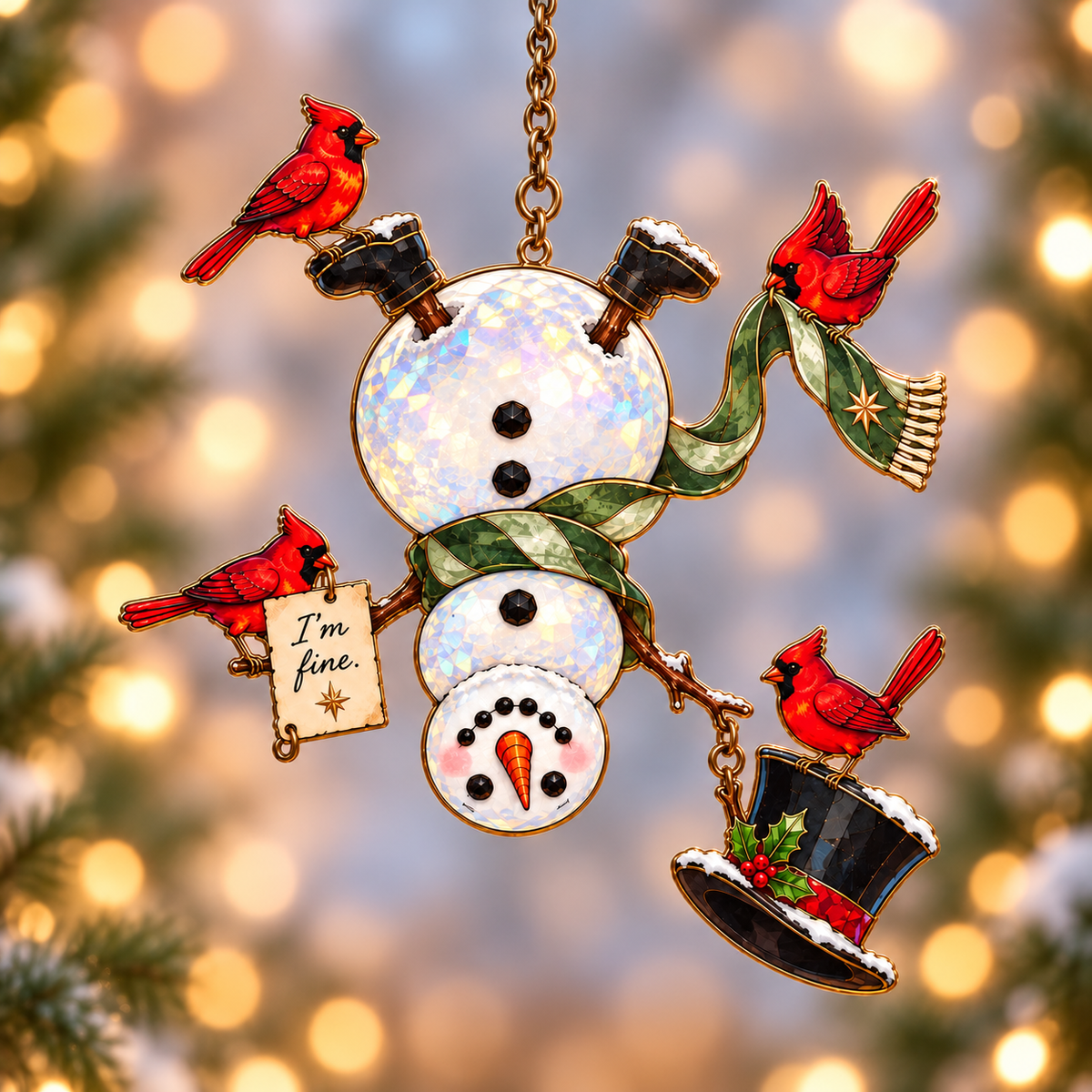 I'm Fine Snowman Head Over Heels with Four Cardinals Holographic Acrylic Suncatcher
