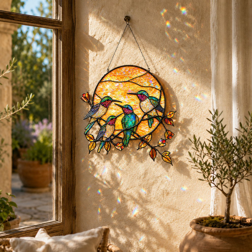 Hummingbird sun suncatcher displayed on a warm patio wall beside a window with golden sunlight and rainbow prism reflections