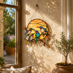 Hummingbird sun suncatcher displayed on a warm patio wall beside a window with golden sunlight and rainbow prism reflections