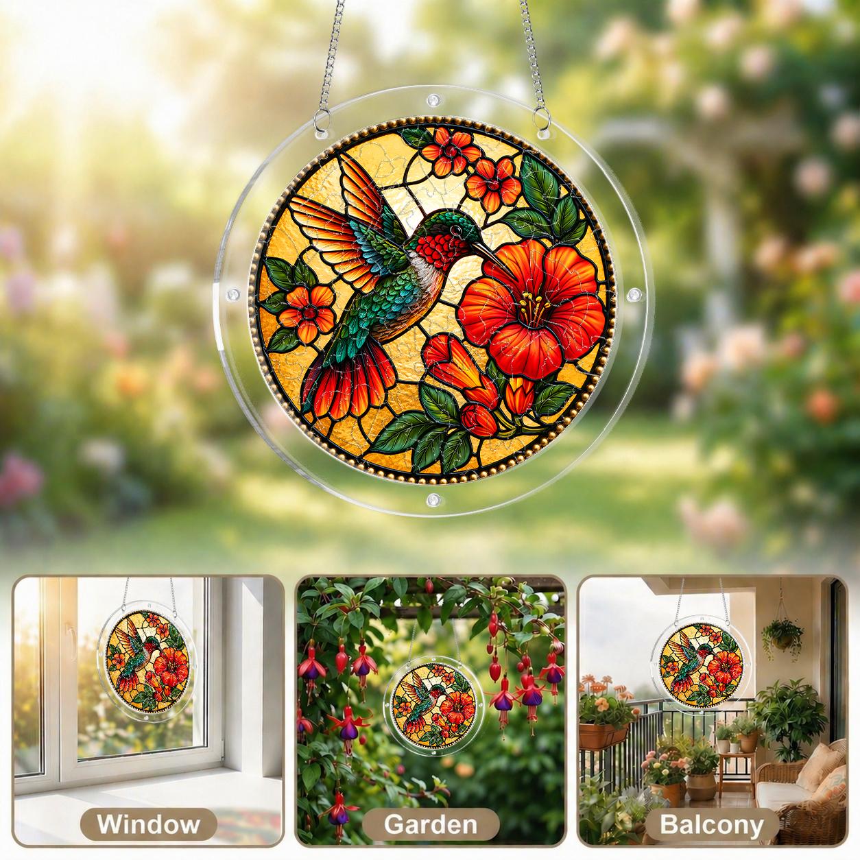 Collage of a hummingbird hibiscus acrylic puzzle suncatcher displayed in bright sunny window settings