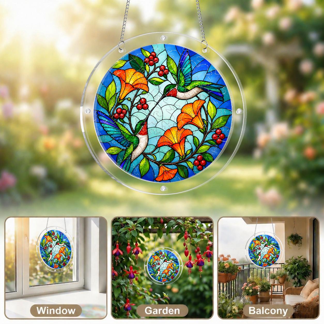 Collage of a tropical bird floral acrylic puzzle suncatcher displayed in bright window settings