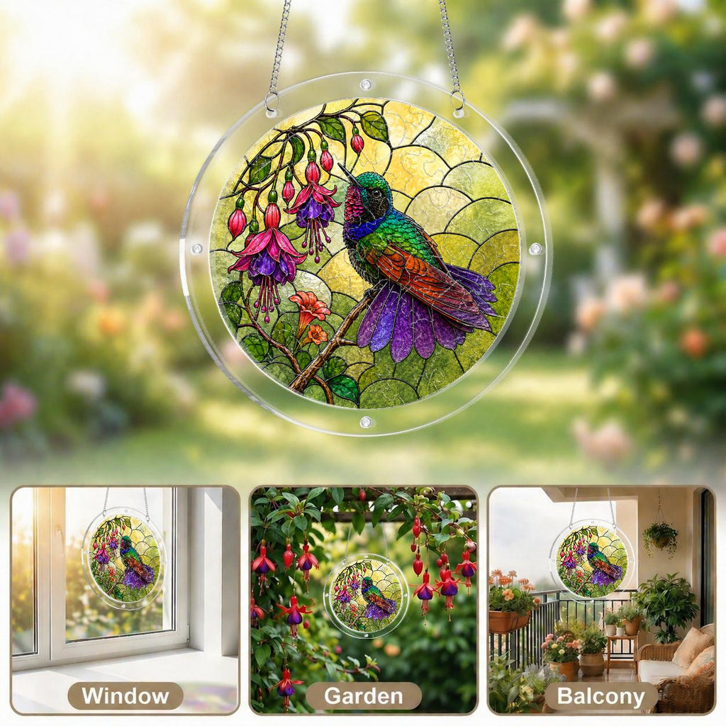 Collage of hummingbird fuchsia acrylic puzzle suncatcher displayed in sunny windows with colorful light effects