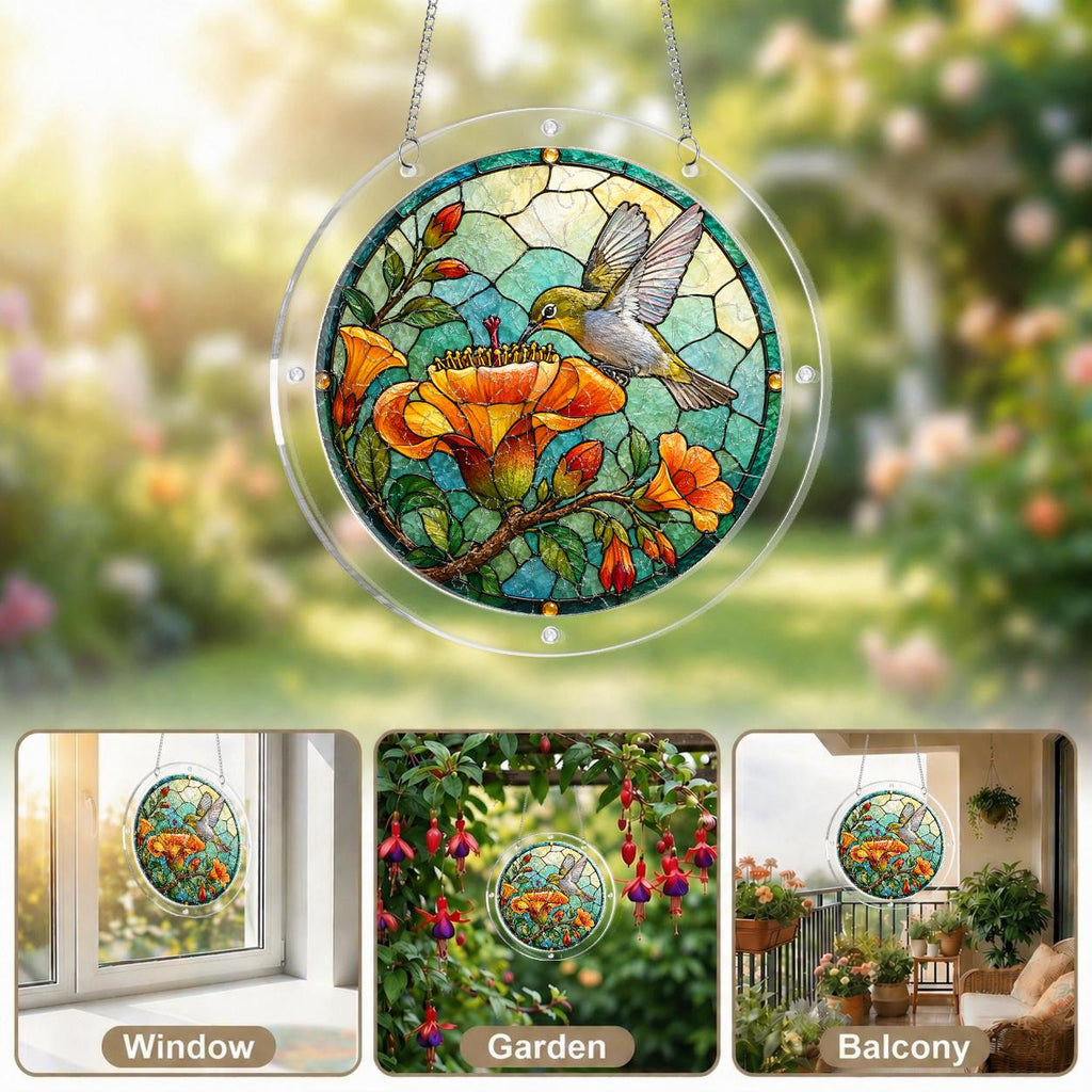 Collage of a hummingbird orange flower acrylic puzzle suncatcher displayed in bright window settings
