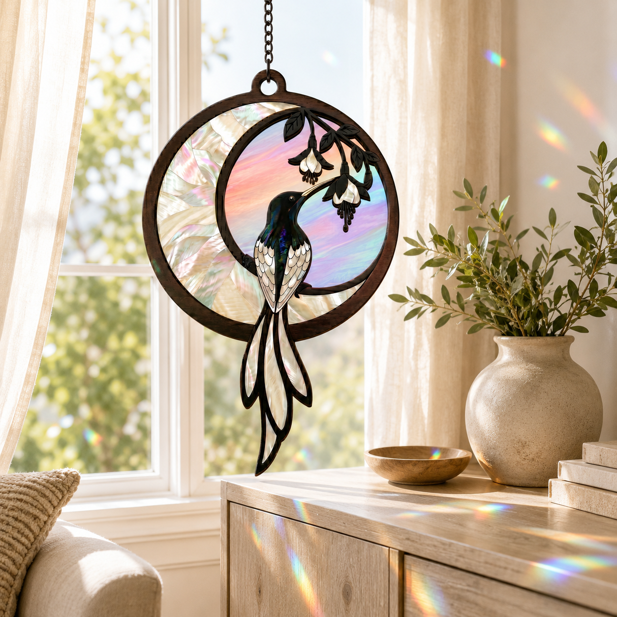 Decorative metal wall hanging with a bird design in a home setting