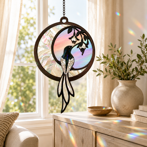 Decorative metal wall hanging with a bird design in a home setting