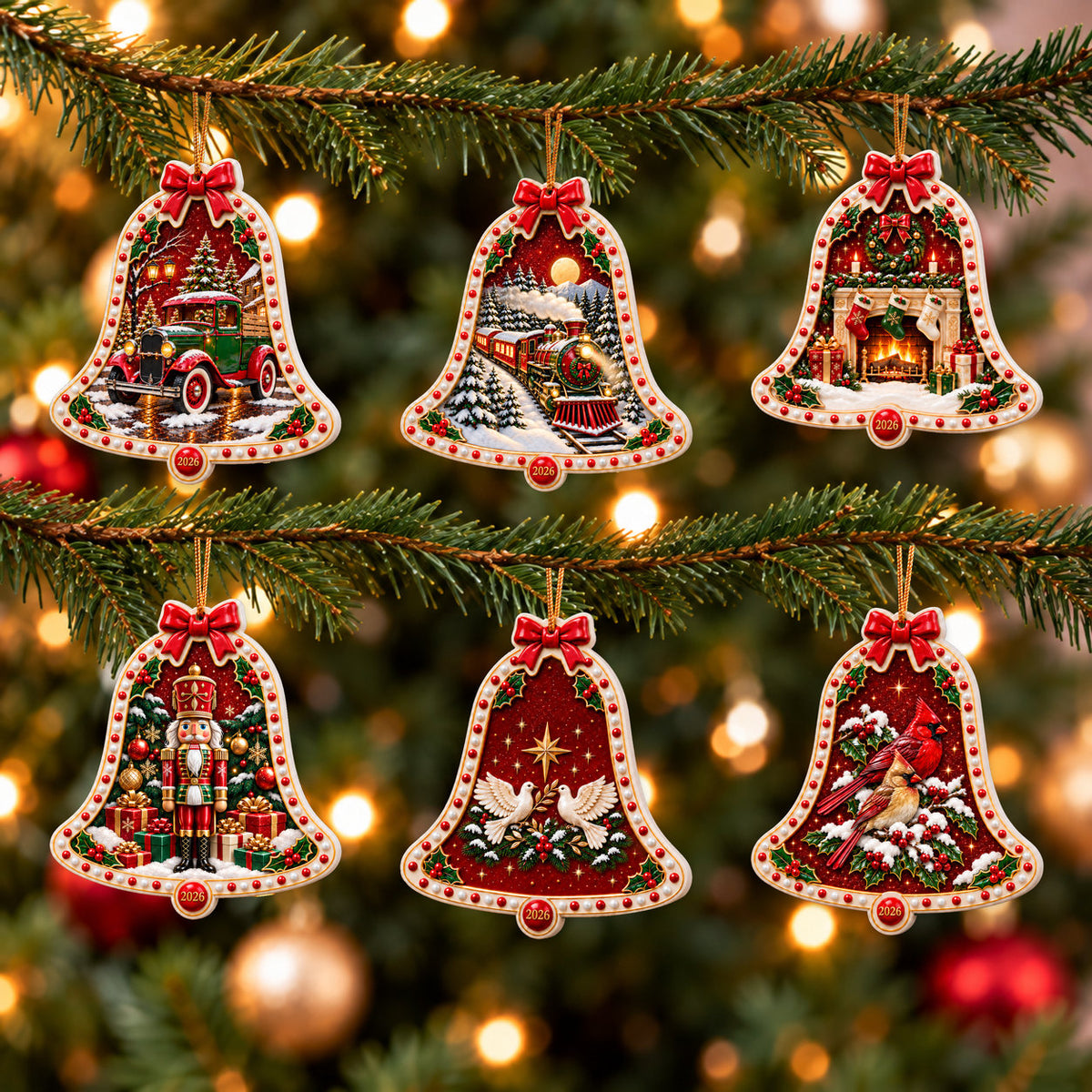 A Christmas in Red & Gold — Ceramic Bell Christmas Ornament, Dated 2026, Single or Set