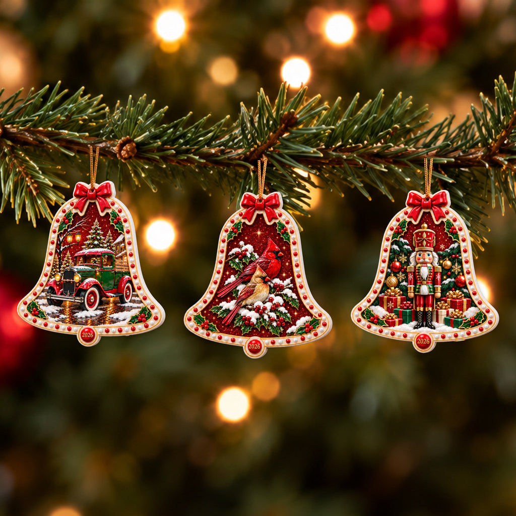 A Christmas in Red & Gold — Ceramic Bell Christmas Ornament, Dated 2026, Single or Set