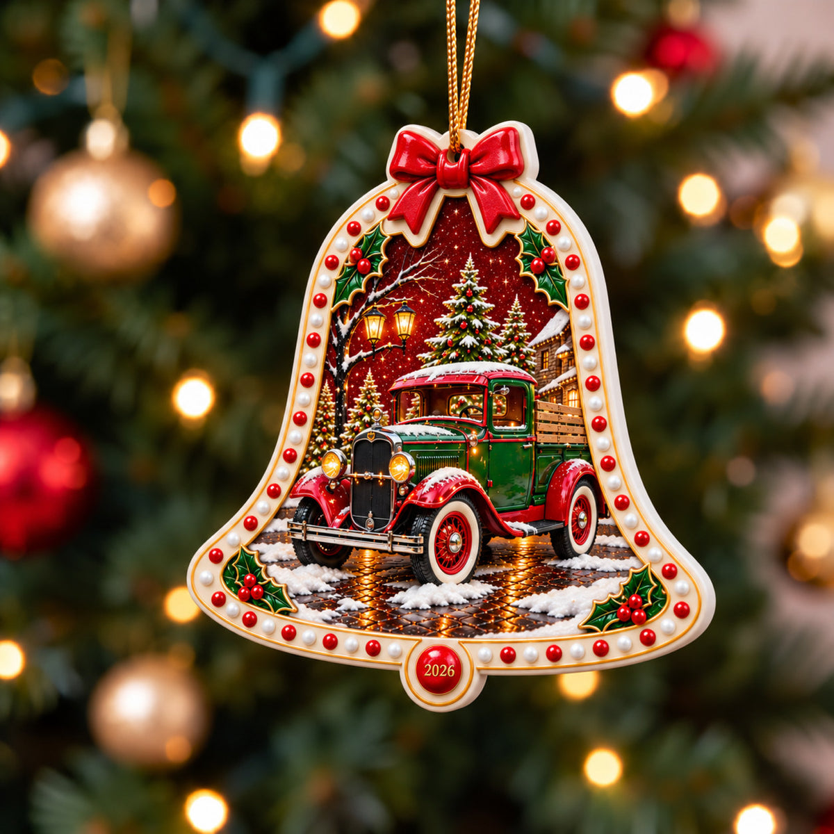 A Christmas in Red & Gold — Ceramic Bell Christmas Ornament, Dated 2026, Single or Set