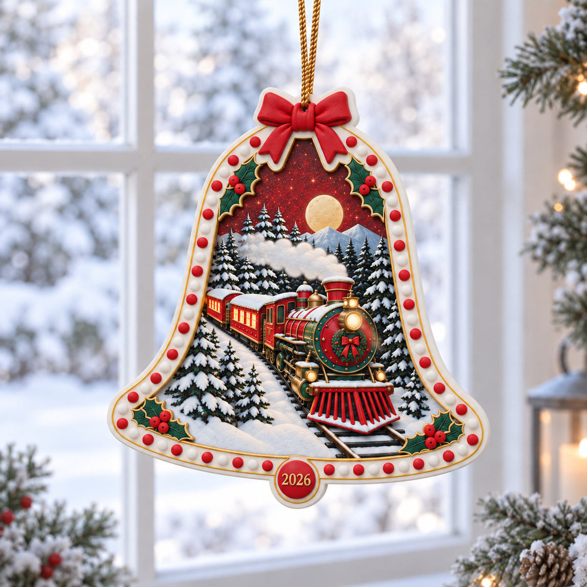 A Christmas in Red & Gold — Ceramic Bell Christmas Ornament, Dated 2026, Single or Set