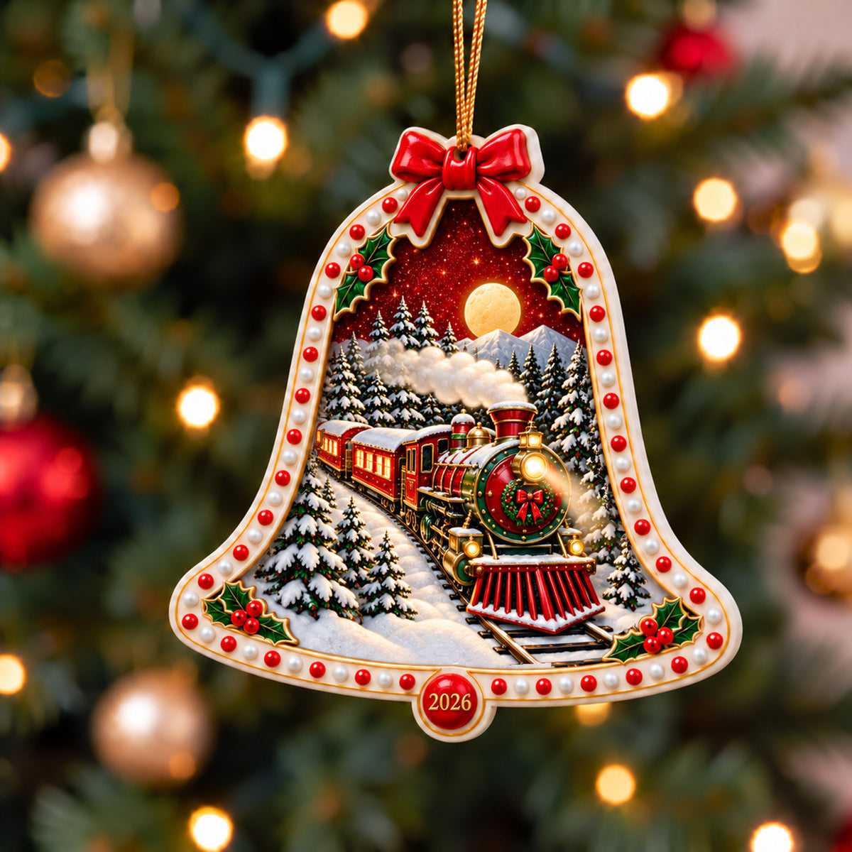 A Christmas in Red & Gold — Ceramic Bell Christmas Ornament, Dated 2026, Single or Set