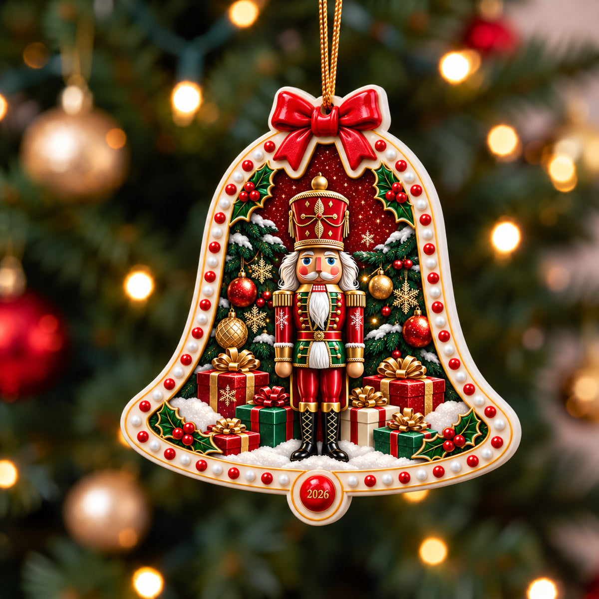 A Christmas in Red & Gold — Ceramic Bell Christmas Ornament, Dated 2026, Single or Set