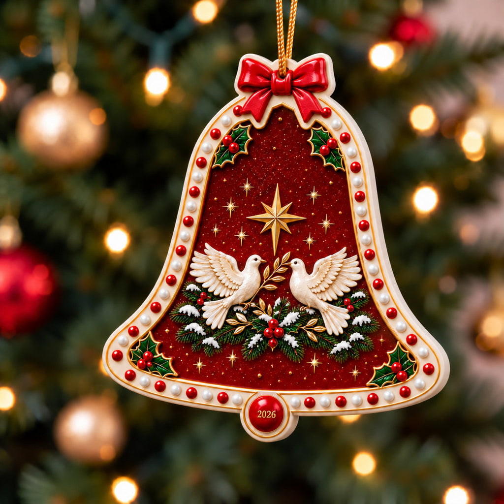 A Christmas in Red & Gold — Ceramic Bell Christmas Ornament, Dated 2026, Single or Set