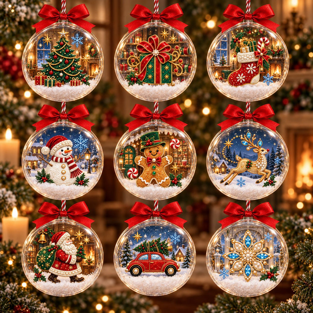 A Golden Christmas, set of nine clear ball Christmas ornaments with red bows hanging on the tree, ruby, emerald and gold drawings inside