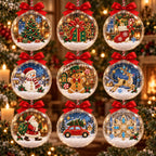 A Golden Christmas, set of nine clear ball Christmas ornaments with red bows hanging on the tree, ruby, emerald and gold drawings inside