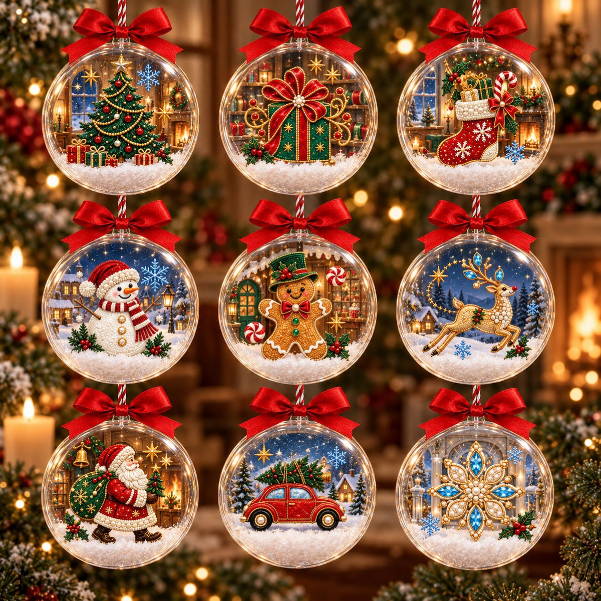 A Golden Christmas, set of nine clear ball Christmas ornaments with red bows hanging on the tree, ruby, emerald and gold drawings inside
