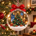 Clear ball Christmas ornament with an emerald Christmas tree, pearl garlands and presents printed inside, red bow, hanging on a fir branch