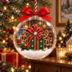 Clear ball Christmas ornament with an emerald gift box under a big ruby bow printed inside, red bow on top
