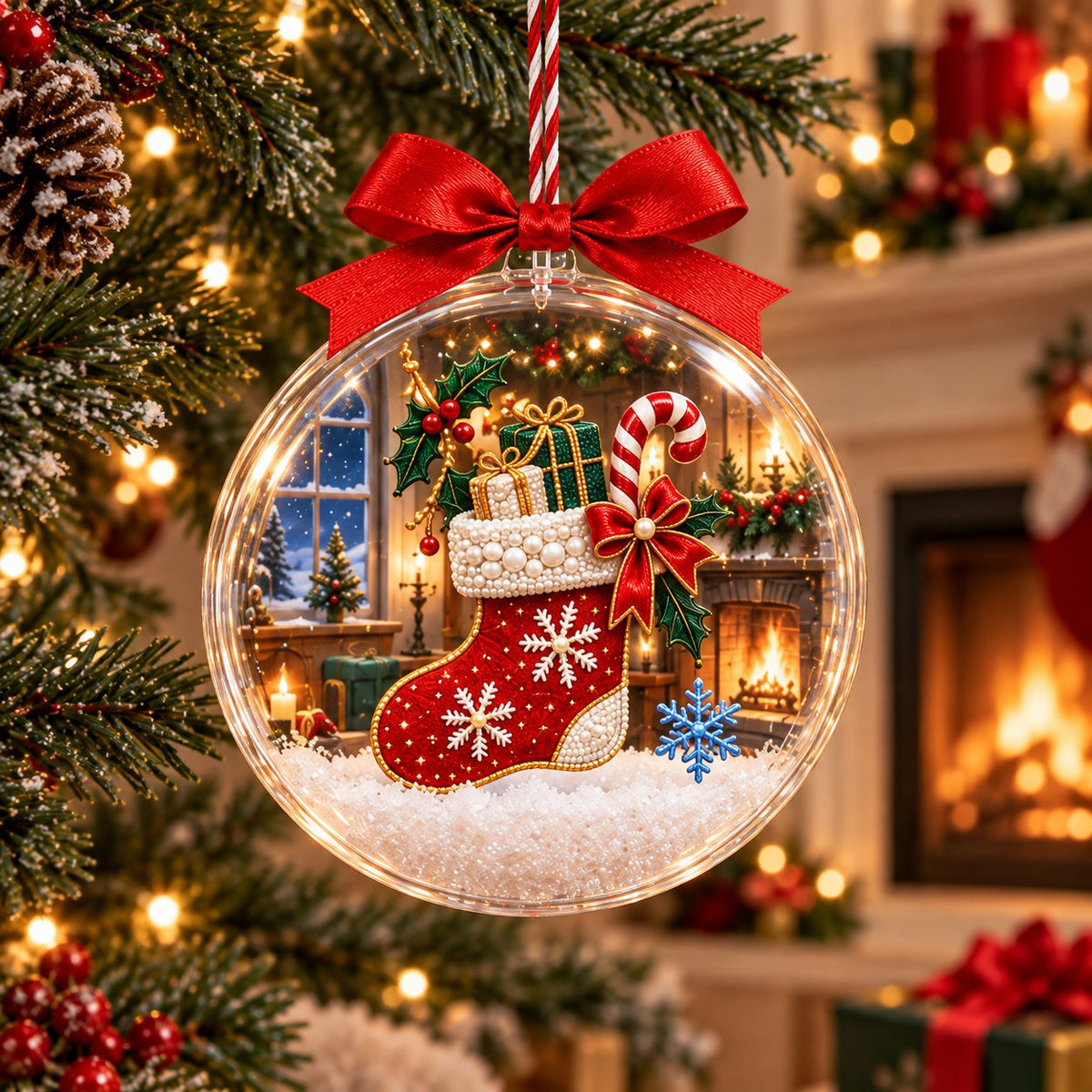 Clear ball Christmas ornament with a ruby stocking, candy cane and holly printed inside, red bow, fireplace behind