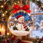 Clear ball Christmas ornament with a pearl snowman in a red hat and striped scarf printed inside, snowy village behind him