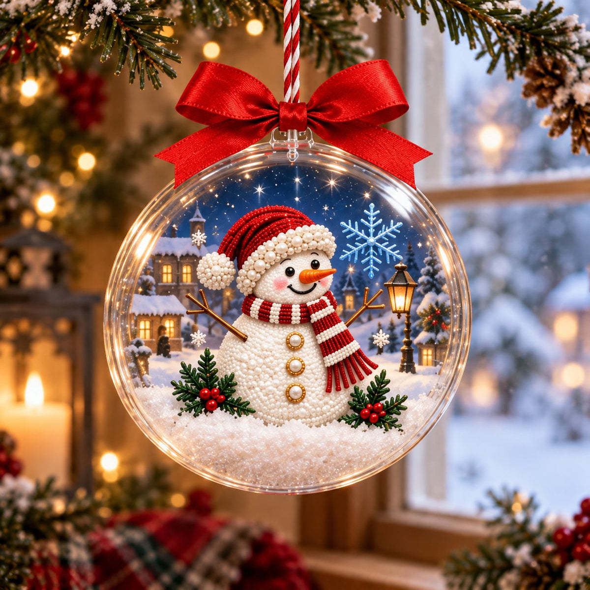 Clear ball Christmas ornament with a pearl snowman in a red hat and striped scarf printed inside, snowy village behind him