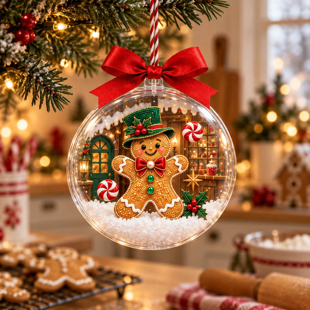 Clear ball Christmas ornament with a gingerbread man in an emerald top hat printed inside, red bow, Christmas kitchen behind
