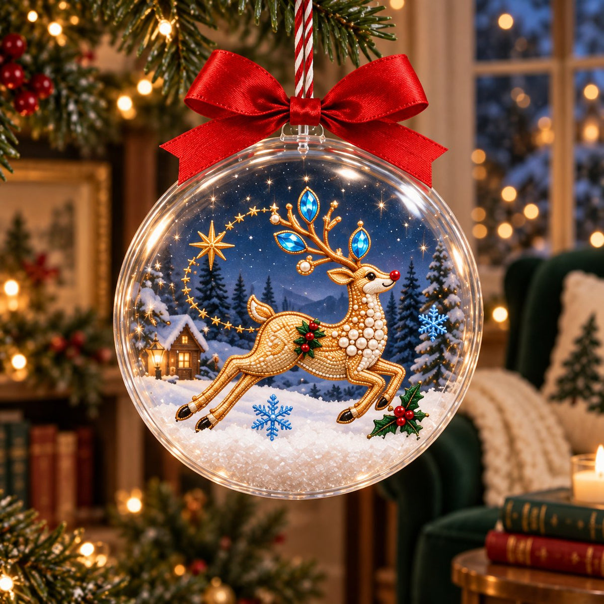 Clear ball Christmas ornament with a leaping gold reindeer with blue jewels on the antlers printed inside, red bow