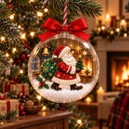 Clear ball Christmas ornament with Santa carrying an emerald sack printed inside, red bow, fireplace behind