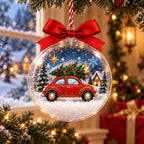 Clear ball Christmas ornament with a ruby vintage car carrying a Christmas tree on its roof printed inside, red bow