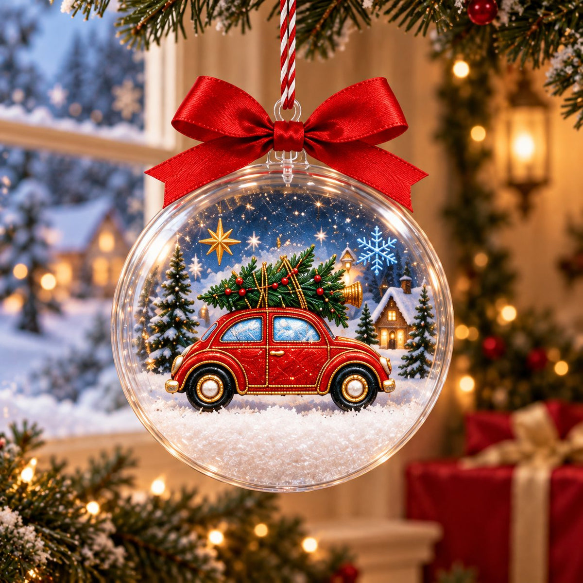Clear ball Christmas ornament with a ruby vintage car carrying a Christmas tree on its roof printed inside, red bow
