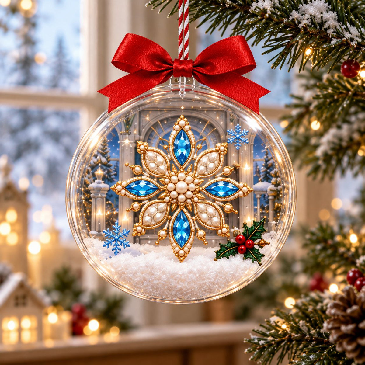 Clear ball Christmas ornament with a pearl, gold and blue jewel snowflake printed inside, red bow, winter window behind
