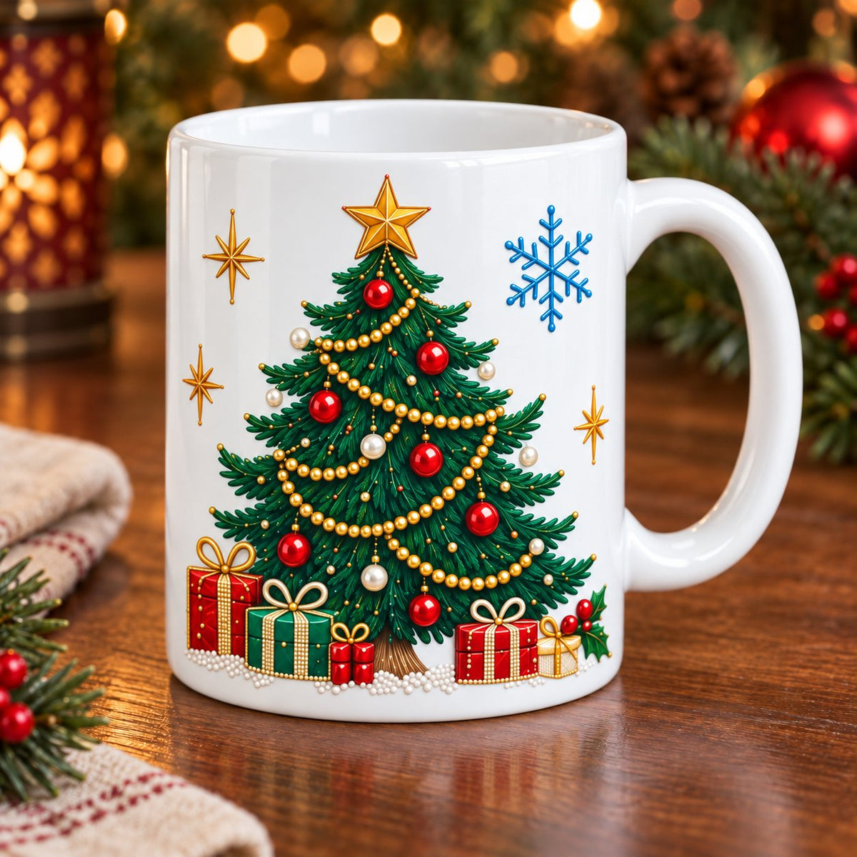 White Christmas mug with an emerald Christmas tree, pearl garlands, gold star and presents printed on the side