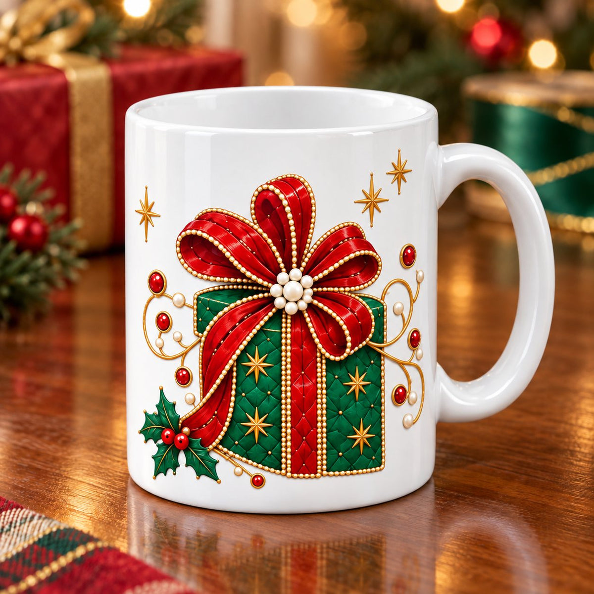 White Christmas mug with an emerald gift box under a big ruby bow printed on the side