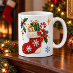 White Christmas mug with a ruby stocking, candy cane and holly printed on the side, fireplace behind