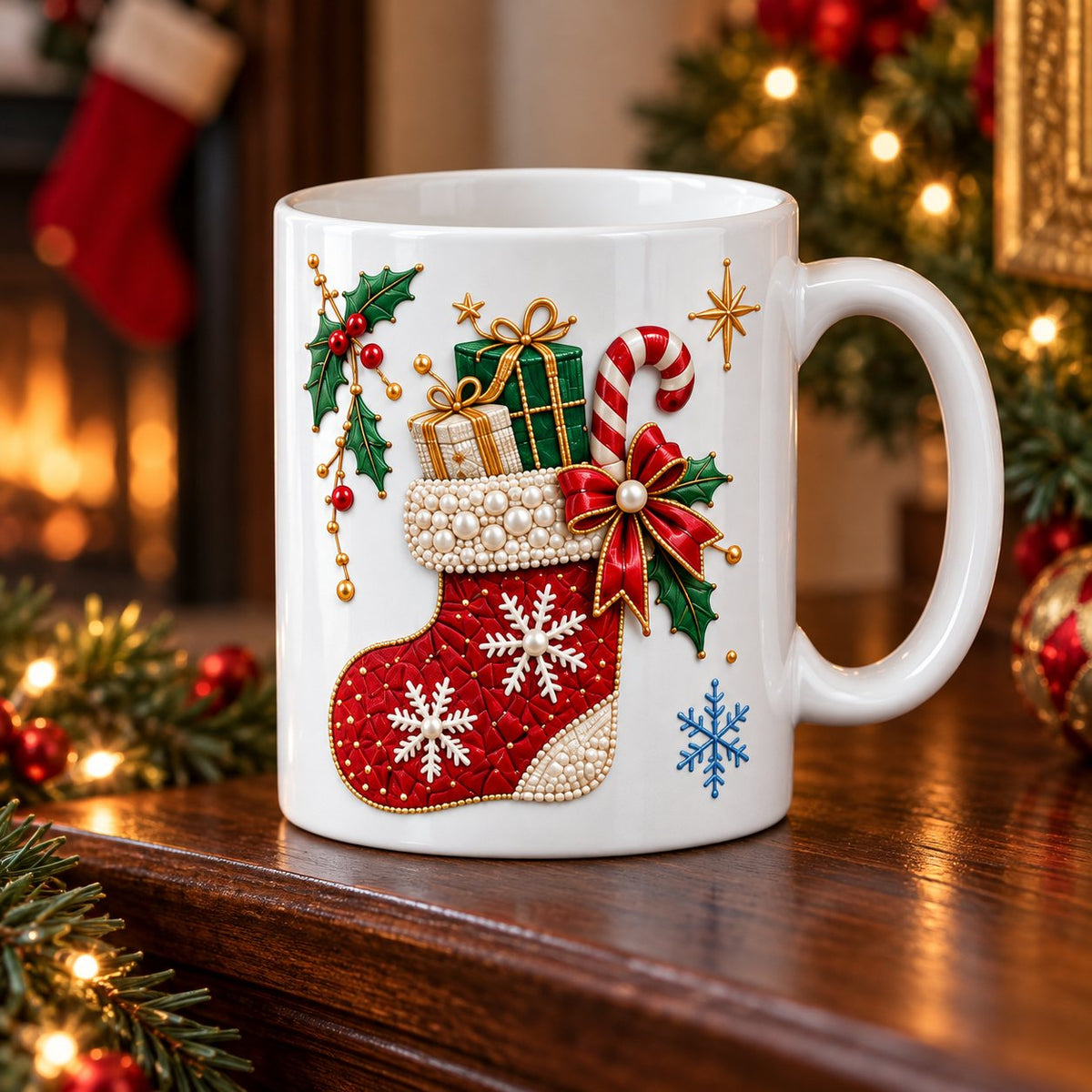 White Christmas mug with a ruby stocking, candy cane and holly printed on the side, fireplace behind