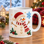 White Christmas mug with a pearl-white snowman in a red hat and striped scarf printed on the side