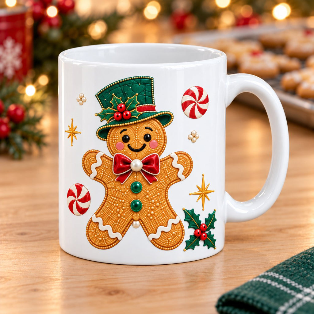 White Christmas mug with a gingerbread man in an emerald top hat and peppermints printed on the side