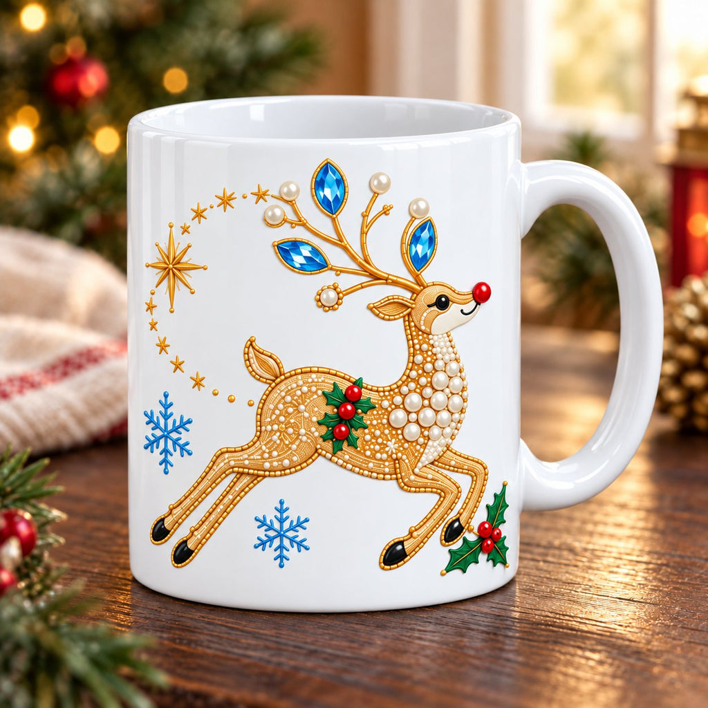 White Christmas mug with a leaping gold reindeer, blue jewels on the antlers, printed on the side
