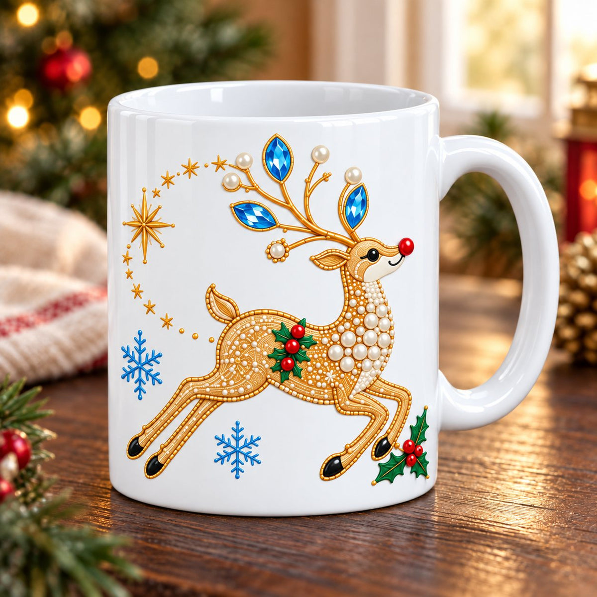 White Christmas mug with a leaping gold reindeer, blue jewels on the antlers, printed on the side