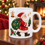 White Christmas mug with Santa carrying an emerald sack printed on the side, fireplace behind