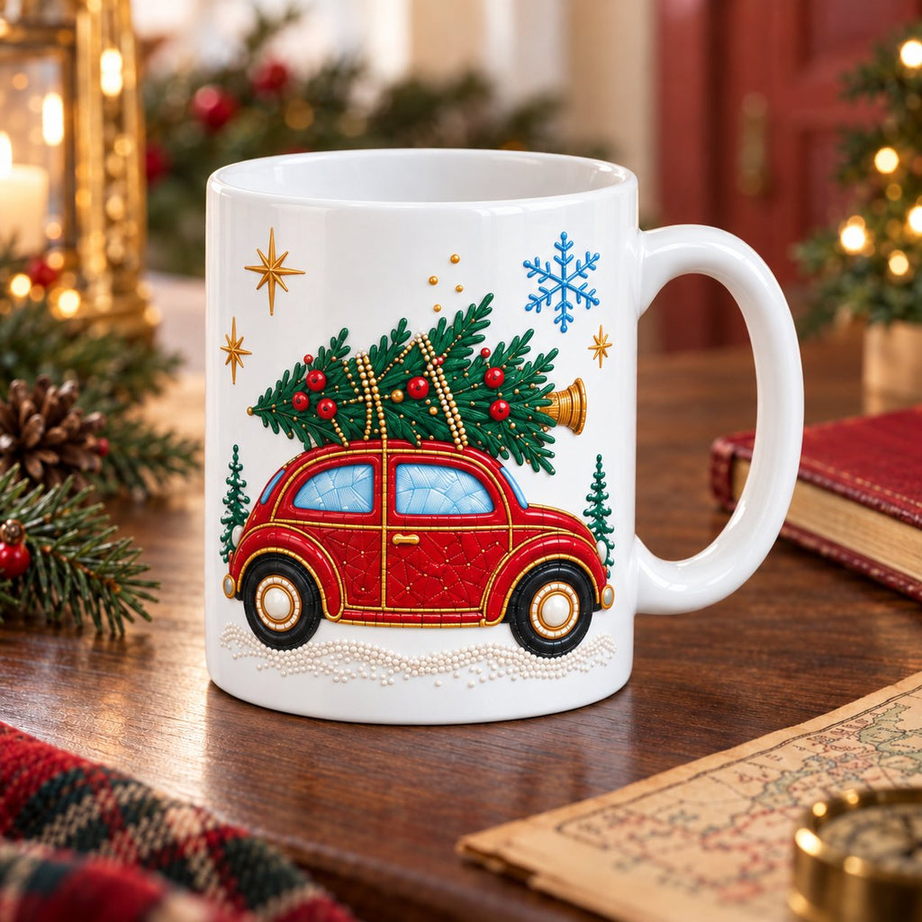 White Christmas mug with a red vintage car carrying a Christmas tree on its roof printed on the side