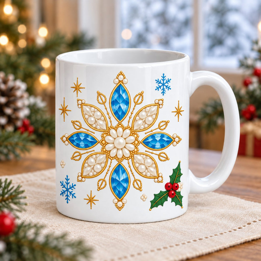 White Christmas mug with a pearl, gold and blue jewel snowflake printed on the side