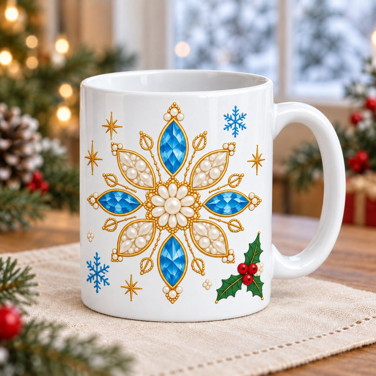 White Christmas mug with a pearl, gold and blue jewel snowflake printed on the side