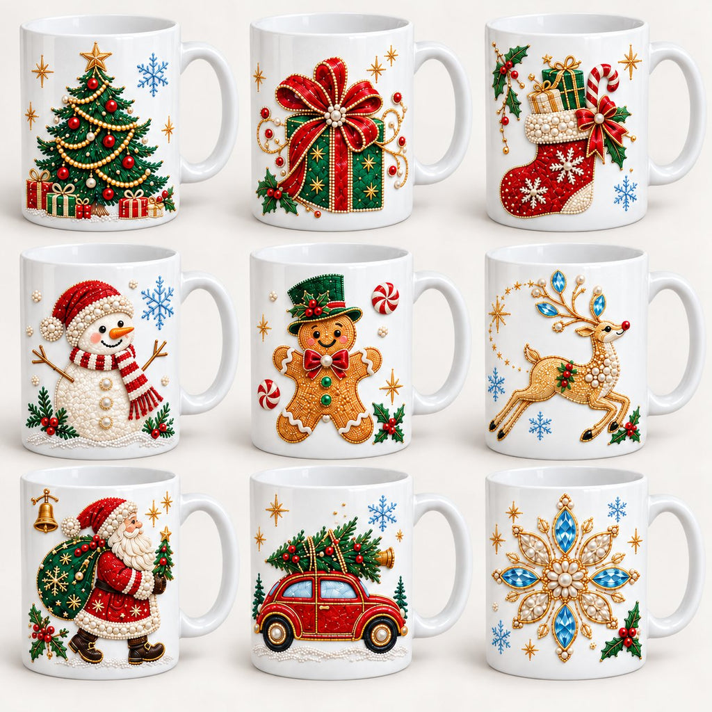 All nine A Golden Christmas mug designs: tree, gift, stocking, snowman, gingerbread, reindeer, Santa, vintage car and snowflake