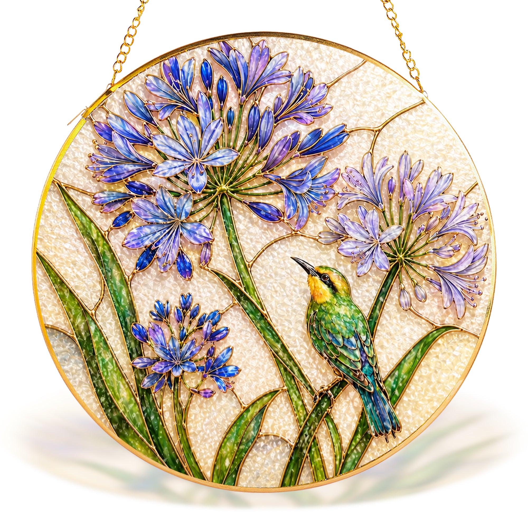 Blue agapanthus bird gold frame suncatcher in a sunny window