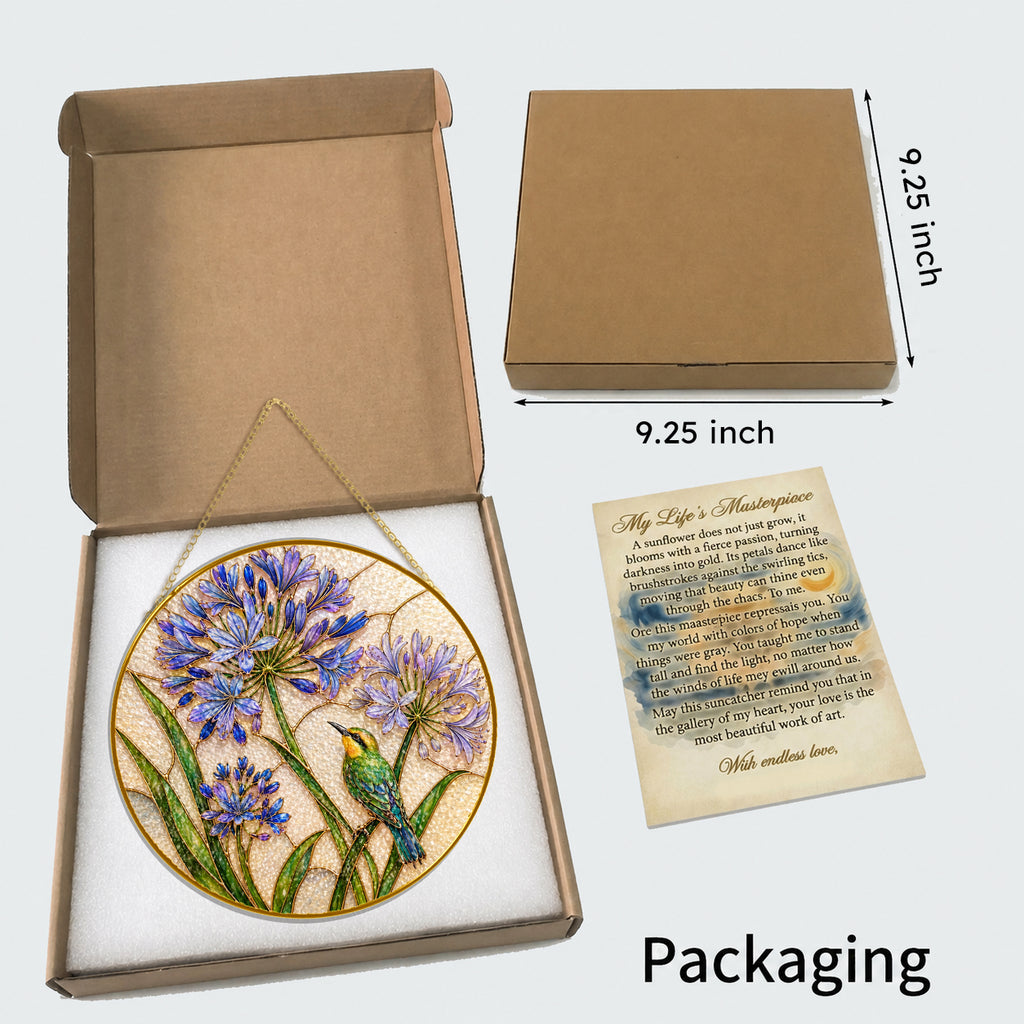 Agapanthus bird gold frame suncatcher detail